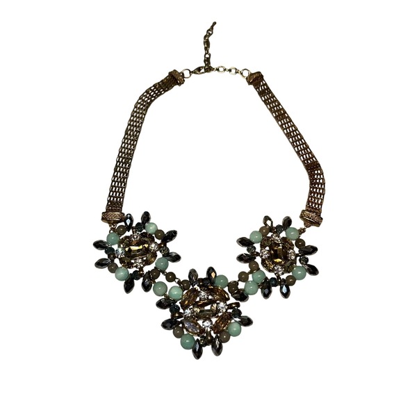 J Crew Jewelry - J Crew Gold Tone Statement Bib Necklace Green Amber Crystal Cluster Chain Floral